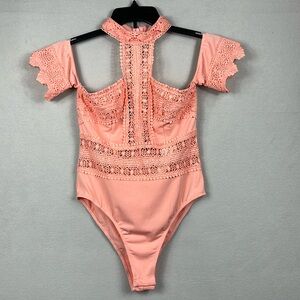 LLolas Womens Off Shoulder Bodysuit Lace Size‎ Large Peach High Neck NWT